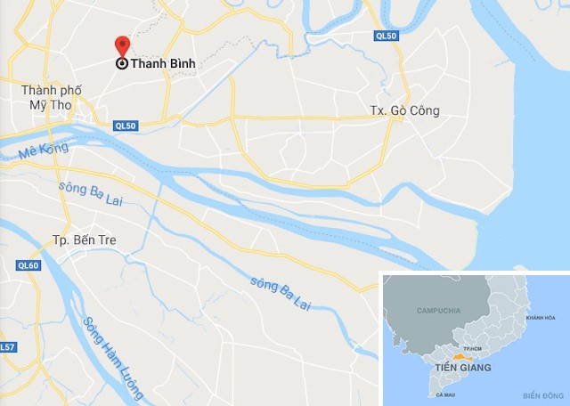 Xã Thanh Bình (huyện Chợ Gạo, tỉnh Tiền Giang). Ảnh: Google Maps. 
