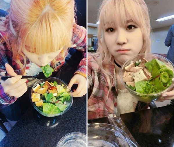 Thực đơn Hyosung tự đặt ra cho mình là Bữa sáng của cô là 2 quả chuối, bữa trưa là 1 cốc sữa đậu nành và bữa tối là 2 quả trứng gà.