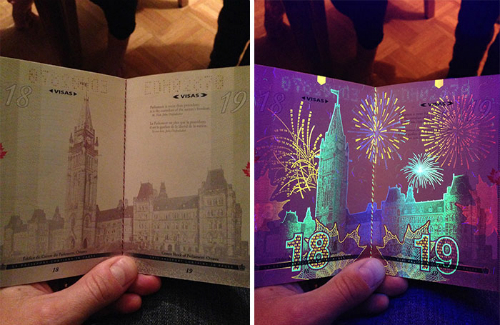 CanadaNhiều hình ảnh biểu tượng của Canada đều có thể nhìn thấy trên từng trang của cuốn hộ chiếu nước này khi đặt dưới đèn UV. Đó là những chiếc lá phong, các công trình lịch sử, các màn pháo hoa rực rỡ hay thác nước hùng vỹ Niagara. Ảnh: worldation.