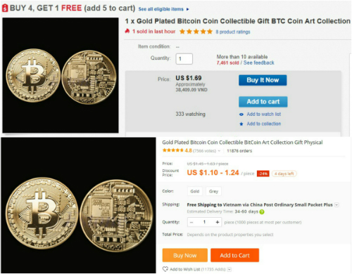 Đồng xu Bitcoin được rao bán trên eBay và AliExpress.