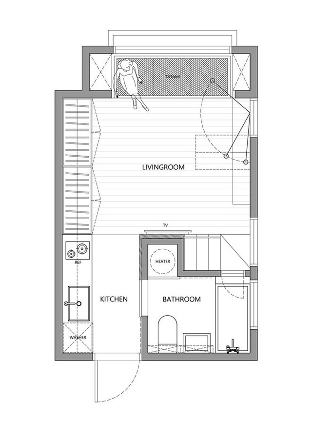 Bản thiết kế toàn bộ căn hộ với diện tích hơn 20m2.