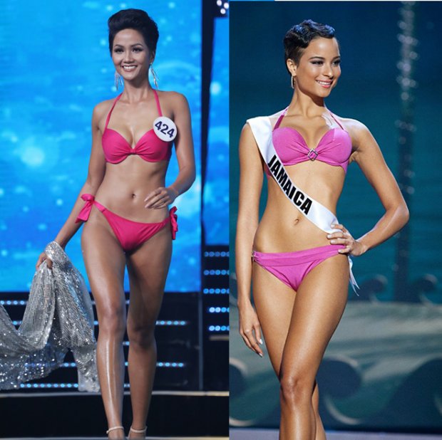Trước khi tham gia Hoa hậu Hoàn vũ Việt Nam 2017, H'Hen Niê đã được ví như bản sao của Hoa hậu Jamaica Kaci Fennell. Với mái tóc ngắn cùng nước da nâu nổi bật, cả hai nhìn không khác gì chị em song sinh trong bức ảnh này.