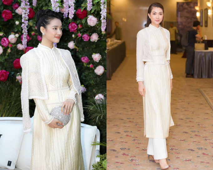 Cùng một trang phục áo dài của nhà thiết kế Công Trí, Á hậu Lệ Hằng trông thanh lịch và hiện đại hơn so với diễn viên Nhã Phương.