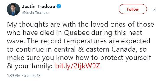 Thủ tướng Canada chia sẻ nỗi buồn với người dân Quebec thiệt mạng vì nắng nóng.