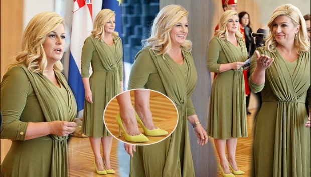 Một lần khác, tổng thống Croatia đã chiếm trọn spotlight với chiếc váy màu xanh bơ tươi sáng nhưng vô cùng duyên dáng và không quá chói lọi. Bà Kolinda còn chọn một đôi cao gót mũi nhọn cùng tông với áo đầm để tạo sự đồng điệu cho set đồ.