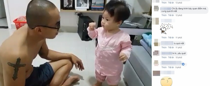 Cười nghiêng ngả màn bi bô cãi bố nhem nhẻm của cô bé 10 tháng tuổi