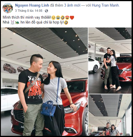 Cụ thể, nàng MC xinh đẹp của VTV đã đăng tải loạt ảnh cô cùng chồng sắp cưới tươi cười bên chiếc Mazda màu đỏ chóe. Mặc dù cả hai ăn vận rất giản dị, thậm chí là mang dép tông, nhưng ai cũng thấy nét hạnh phúc trên gương mặt khi cùng nhau sở hữu tài sản chung đầu tiên.