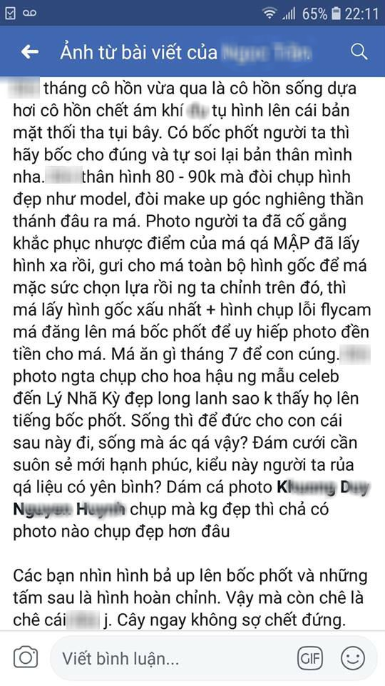 Ảnh chụp màn hình về đoạn status của hot facebooker có tên Ngọc Trần, dùng chính cân nặng của vợ chồng V.H ra để mỉa mai.