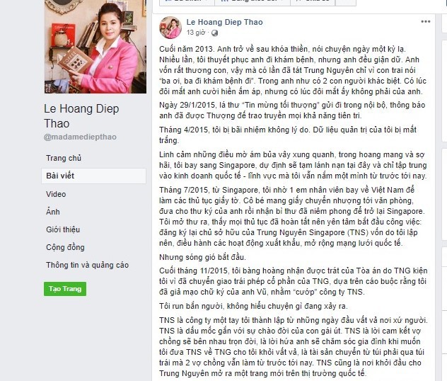 Dòng chia sẻ trên trang Facebook được cho của bà Lê Hoàng Diệp Thảo. Ảnh chụp màn hình