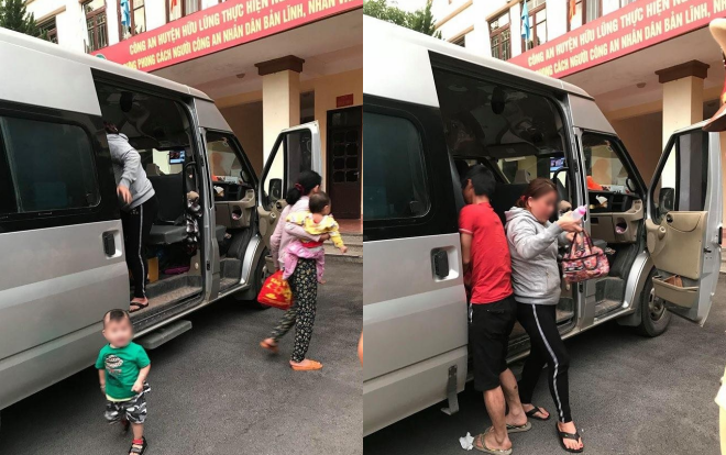 Hình ảnh hai phụ nữ cùng hai cháu bé được tài xế xe khách phối hợp cùng CSGT đưa vào trụ sở Công an huyện Hữu Lũng.