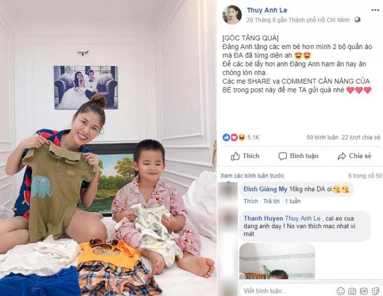 Thời gian gần đây, hotmom Thủy Anh thường xuyên đăng bài tặng đồ sơ sinh cho chị em bỉm sữa trên facebook cá nhân
