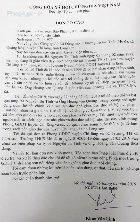 Đơn thư do ông Linh, chồng cô giáo gửi tòa soạn Pháp luật Plus