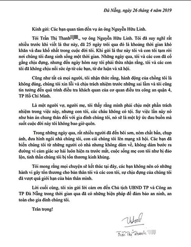 Tâm thư đau đớn của vợ ông Nguyễn Hữu Linh sau vụ sàm sỡ bé gái: Tôi và các con đã không chịu nổi sức ép từ các bạn - Ảnh 2.