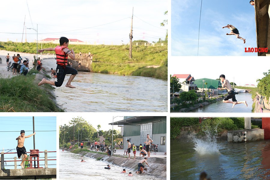 Bất chấp nguy hiểm, trẻ em Hà Nội nhảy cầu giải nhiệt ở bãi tắm dài 10km - Ảnh 2.