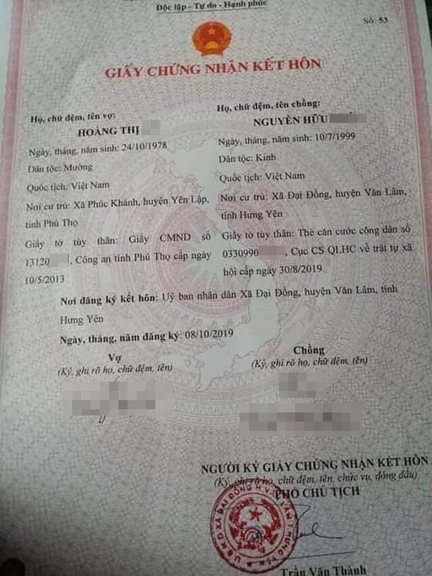 Xôn xao hình ảnh tờ giấy chứng nhận kết hôn của cô dâu 42 và chú rể 20 tuổi ở Hưng Yên - Ảnh 1.