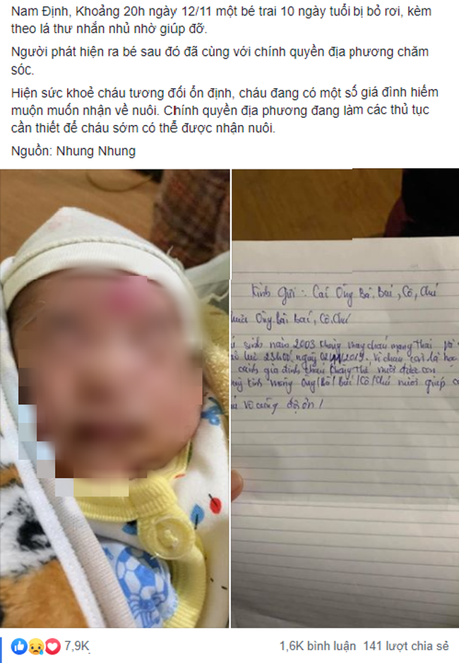 Nam Định: Bé trai sơ sinh 10 ngày tuổi bị bỏ rơi kèm lời nhắn ''cháu còn là học sinh, không thể nuôi được con'' - Ảnh 1.