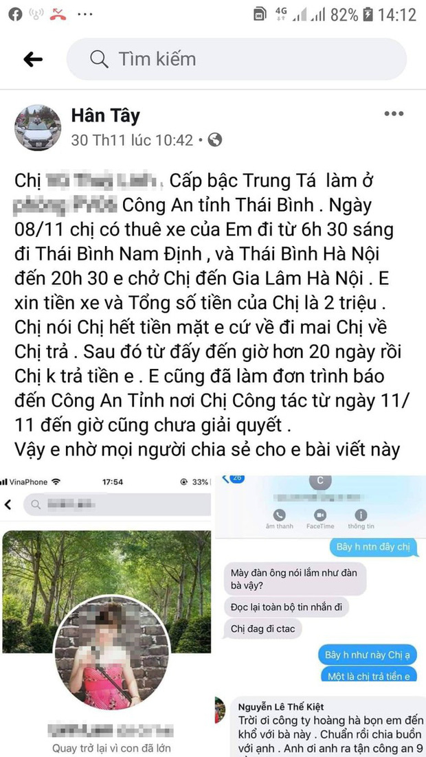 Thêm lái xe taxi tố nữ trung tá công an tỉnh Thái Bình quỵt nợ - Ảnh 3.