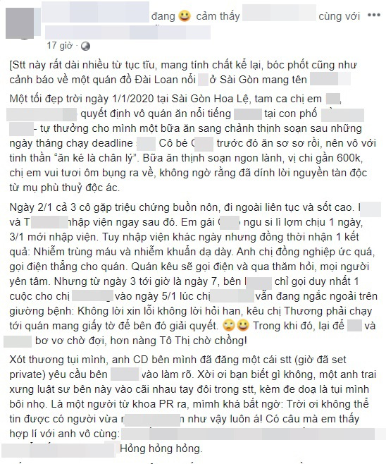 Xôn xao thông tin nhà hàng Đài Loan nổi tiếng Sài Gòn thờ ơ với khách bị nhiễm trùng máu, nhiễm khuẩn dạ dày sau khi ăn hóa đơn 600k - Ảnh 1.