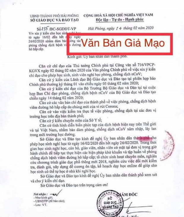 Hải Phòng bị làm giả văn bản cho học sinh nghỉ học để phòng chống dịch Covid- 19 - Ảnh 1.