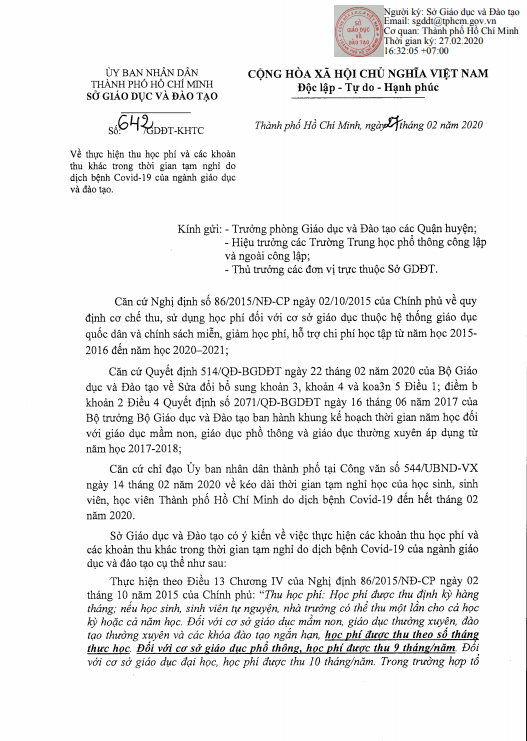 Sở GD-ĐT TP HCM thông báo về cách thu học phí và các khoản thu trong thời gian học sinh tạm nghỉ nghỉ vì dịch - Ảnh 1.