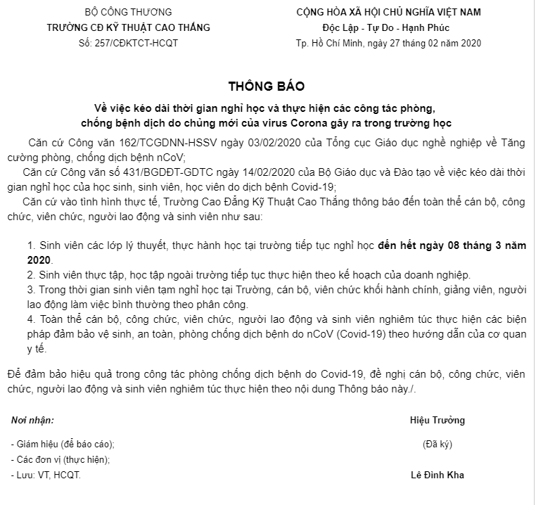 CẬP NHẬT: Danh sách 7 trường đại học, cao đẳng ra thông báo cho sinh viên nghỉ đến hết ngày 8/3 - Ảnh 4.