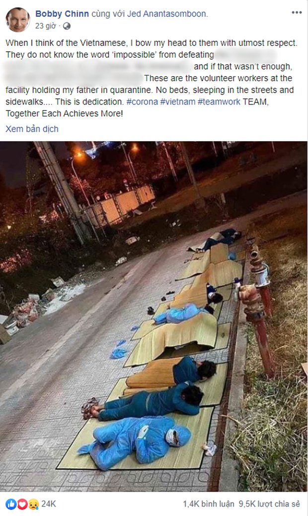 Đầu bếp nổi tiếng Bobby Chinn chia sẻ hình ảnh các tình nguyện viên Việt Nam màn trời chiếu đất ngoài khu cách ly, bạn bè quốc tế xúc động gọi họ là anh hùng - Ảnh 1.