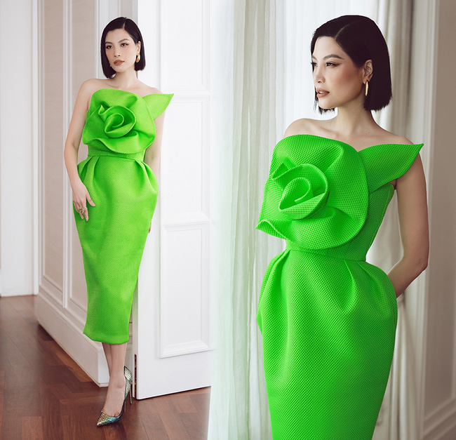 Cựu siêu mẫu Vũ Cẩm Nhung trẻ trung với thiết kế màu xanh lá neon.