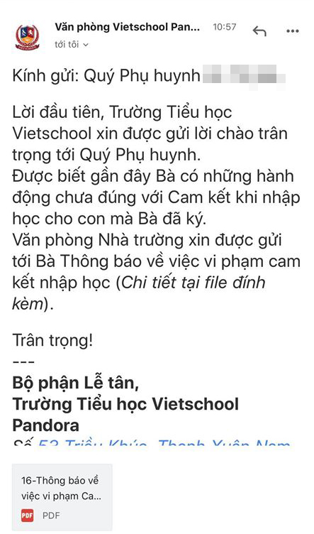 Phụ huynh một trường tiểu học ở Hà Nội tố bị trường gửi email 