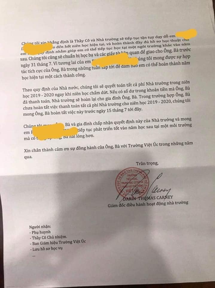 Nhiều phụ huynh trường Quốc tế Việt Úc sốc nặng khi nhận thư 