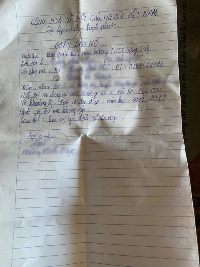 Nghệ An: Chưa đóng 162.000 đồng tiền gửi xe, nhà trường bắt học sinh phải viết “giấy báo nợ” về cho phụ huynh - Ảnh 1.