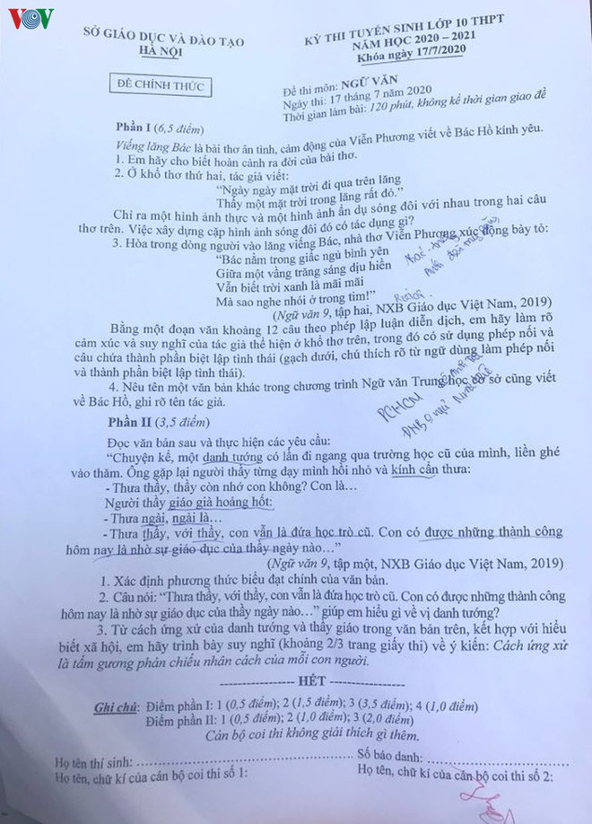 Gợi ý đáp án môn Ngữ văn thi vào lớp 10 tại Hà Nội năm 2020 - Ảnh 1.
