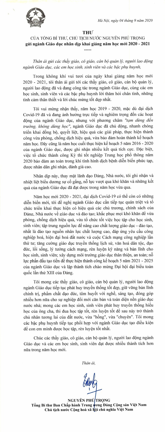 Thư gửi giáo viên, học sinh của Tổng Bí thư, Chủ tịch nước dịp khai giảng năm học mới - Ảnh 1.