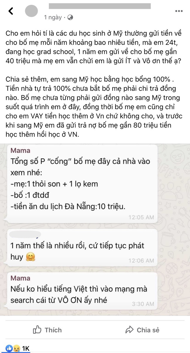 Nữ du học sinh than trời vì 1 năm gửi về cho bố mẹ hàng chục triệu đồng nhưng vẫn bị chê 