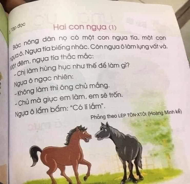 SGK lớp 1 lại gây tranh cãi: Ngựa tía bày ngựa ô trốn việc khi bị giục làm, cò mưu mẹo chén hết đàn cá một mình - Ảnh 1.