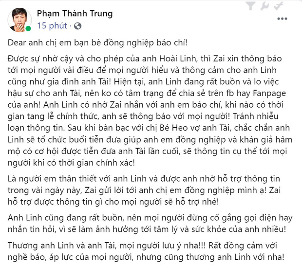 Phía nghệ sĩ Hoài Linh chính thức có chia sẻ đầu tiên về tang lễ của danh hài Chí Tài - Ảnh 2.