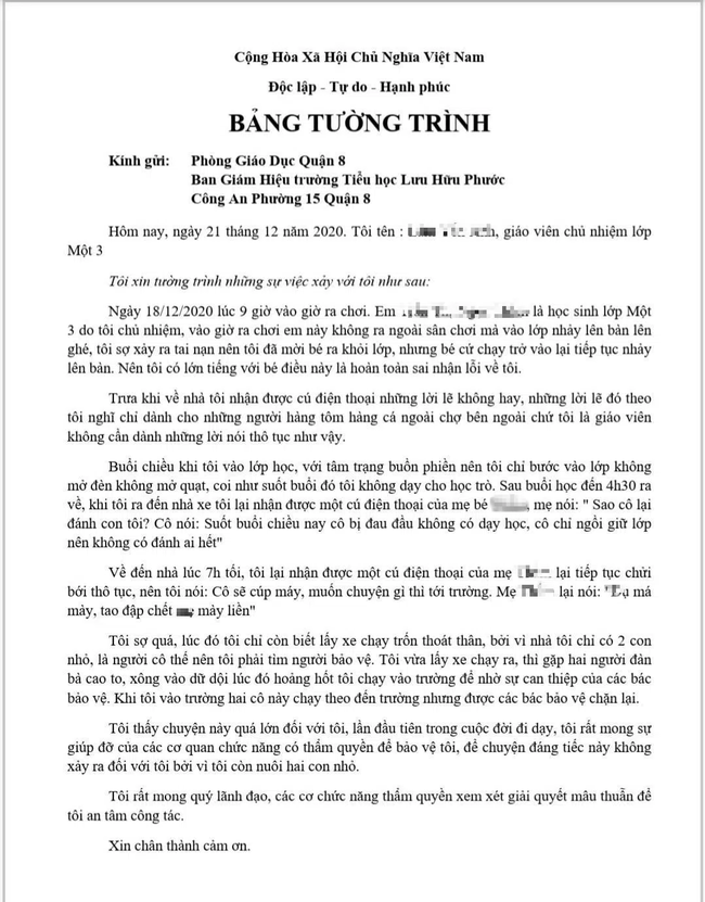 Vụ cô giáo sợ hãi phải chạy thoát thân vì phụ huynh đuổi đánh: Trưởng Phòng GD-ĐT Quận 8 nói gì? - Ảnh 1.