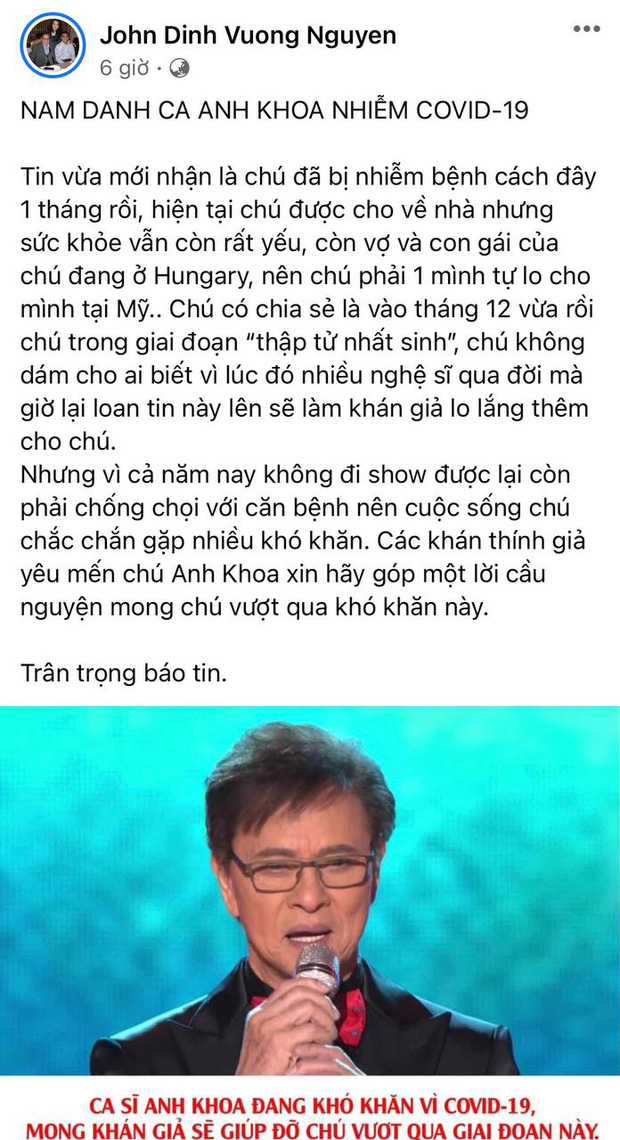 Ca sĩ Anh Khoa nhiễm Covid-19, tình trạng sức khoẻ hiện đang rất yếu - Ảnh 2.