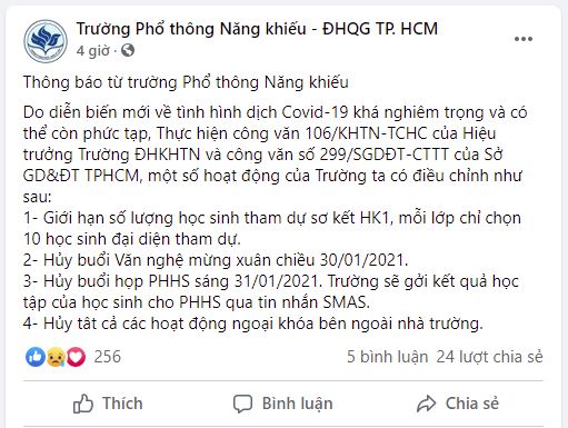 CẬP NHẬT: Hàng loạt trường ở TP.HCM thông báo cho học sinh, sinh viên nghỉ Tết sớm, hủy họp phụ huynh để phòng dịch - Ảnh 2.