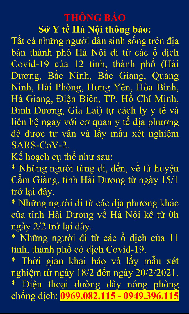 Hà Nội ra thông báo xét nghiệm SARS-CoV-2 cho người dân về Hà Nội từ tỉnh Hải Dương - Ảnh 1.