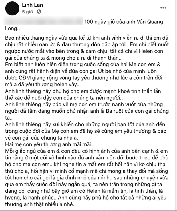 Linh Lan chính thức lên tiếng trước nghi vấn bé Helen không phải con ruột của cố NS Vân Quang Long - Ảnh 1.
