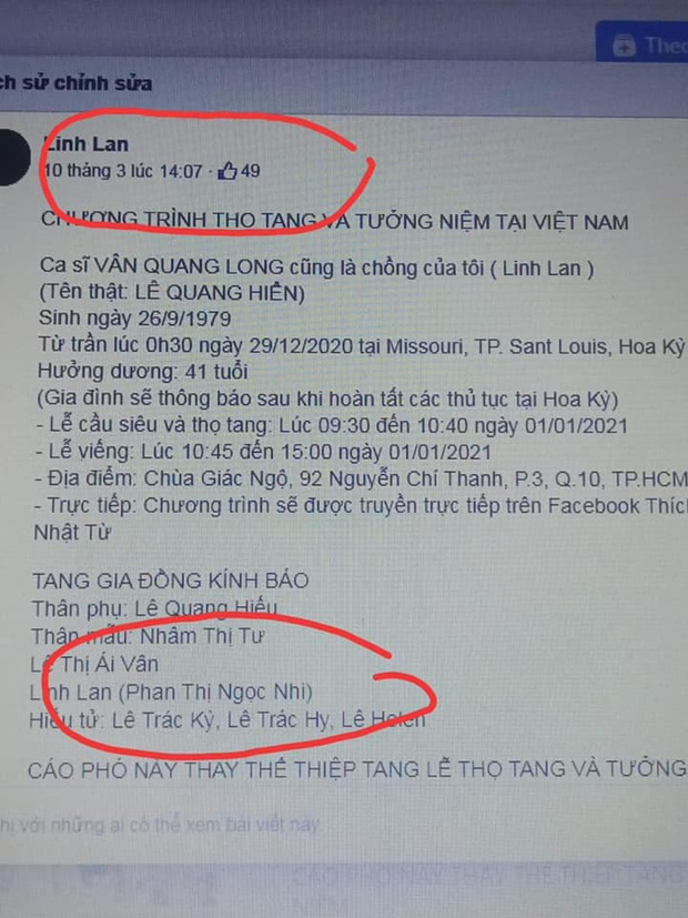 Bố mẹ Vân Quang Long liên hệ công an xác minh nhân thân Linh Lan là giả mạo, khẳng định cố NS có vợ chính thức tại Mỹ - Ảnh 3.