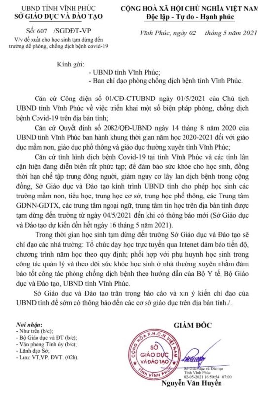 Vĩnh Phúc: Đề xuất tạm dừng đến trường 2 tuần để phòng dịch - Ảnh 1.