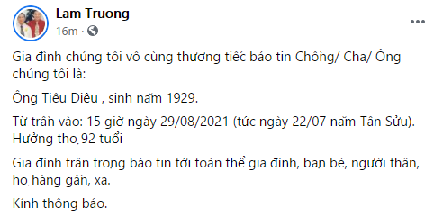 Bố Lam Trường qua đời, hưởng thọ 92 tuổi - Ảnh 1.