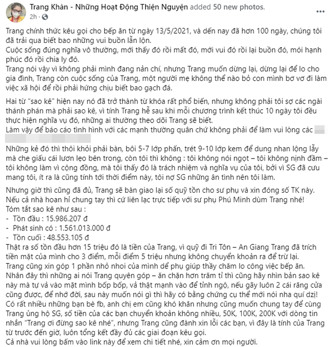 Trang Trần tung toàn bộ sao kê giữa tin đồn ăn chặn trăm tỷ, thông báo lý do rút lui sau 100 ngày làm thiện nguyện - Ảnh 2.