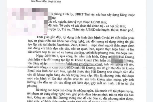 Mạo danh Chủ tịch tỉnh Hải Dương nhờ lãnh đạo các sở, ngành gửi tiền vào tài khoản - Ảnh 1.