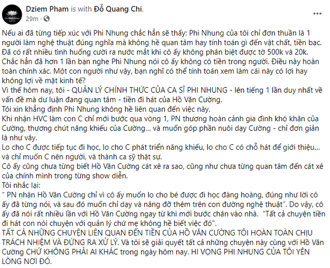 Quản lý cố ca sĩ Phi Nhung lên tiếng về số tiền đi hát của Hồ Văn Cường - Ảnh 1.