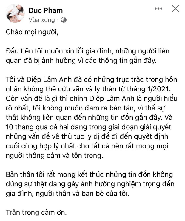 NÓNG: Chồng Diệp Lâm Anh xác nhận đã ly thân, nói rõ về tin đồn xuất hiện bên người phụ nữ khác - Ảnh 2.