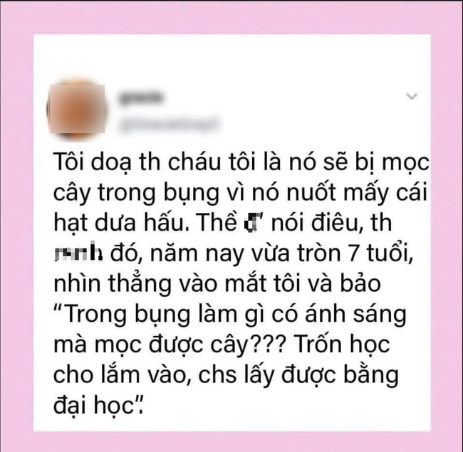 Bị dọa nuốt hạt dưa hấu sẽ bị mọc cây trong bụng, đứa cháu 7 tuổi phản bác lại 1 câu khiến cô đỏ mặt tía tai, dân tình khuyên mau mau về học lại môn Sinh học  - Ảnh 1.