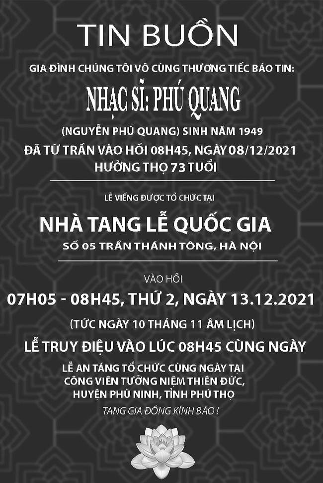 Thông tin chính thức về tang lễ cố nhạc sĩ Phú Quang - Ảnh 2.