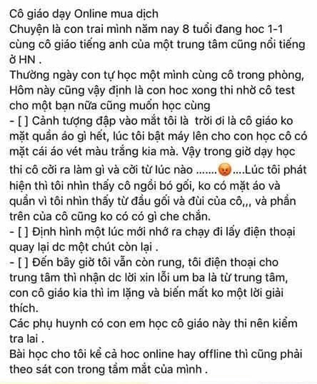 Hà Nội: Cô giáo tiếng Anh bị phụ huynh tố không mặc quần áo trong giờ dạy online, đại diện trung tâm nói gì? - Ảnh 1.